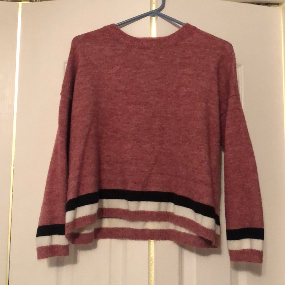 Pink Sweater with two Black and White Stripes